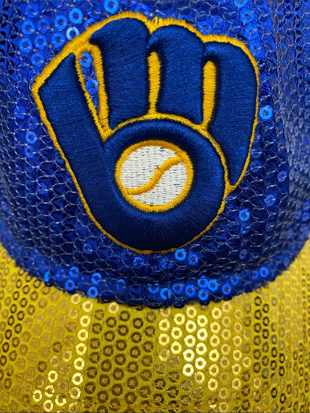 PINK Victoria's Secret Milwakee Brewers Blue and Gold Sequin Baseball Cap - Picture 3 of 12